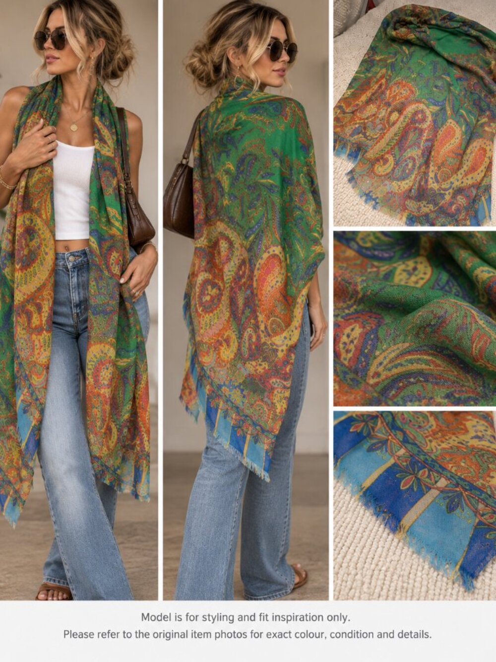 726 - Oversized Green Paisley Scarf Wrap Boho Multicolor Fringe Shawl